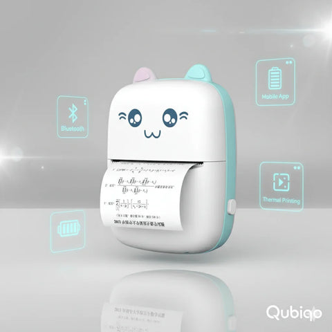 Cute portable Bluetooth thermal printer with cartoon face and cat ears, printing receipt paper