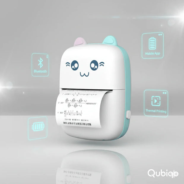 Cute portable Bluetooth thermal printer with cartoon face and cat ears, printing receipt paper