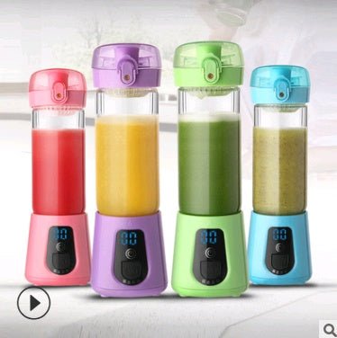 Colorful portable blenders with digital displays filled with red, yellow, green, and beige smoothies on white surface