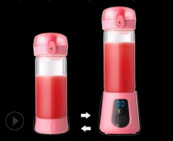 Portable pink electric juicer with smoothie, compact and tall sizes shown against black background