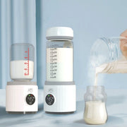 Jiffi portable milk warmers displaying 45°C with baby bottles and milk being poured