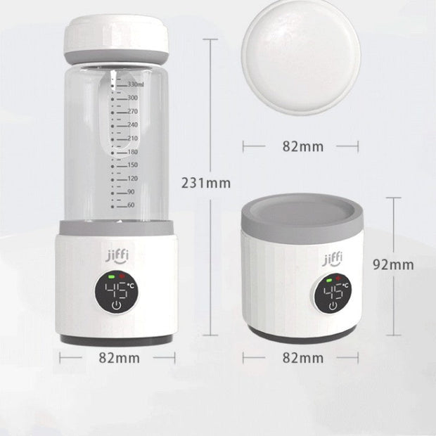 Jiffi portable milk temperature regulator with digital display, dimensions shown