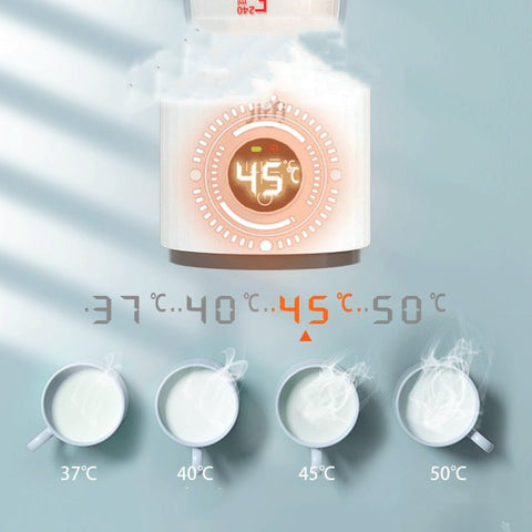 Portable milk temperature regulator set to 45°C with steaming milk cups at 37°C, 40°C, 45°C, and 50°C