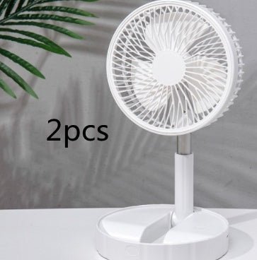 White portable telescopic folding fan on white surface with plant shadow and 2pcs text