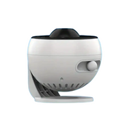 Modern white smart home security camera with adjustable knob and black lens on white background