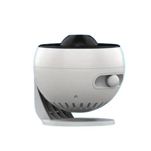 Modern white smart home security camera with adjustable knob and black lens on white background