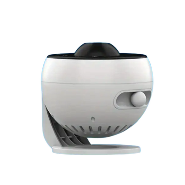 Modern white smart home security camera with adjustable knob and black lens on white background