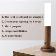 Modern wooden sensor wall lamp emitting soft light on wooden table with product features text