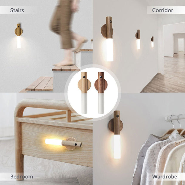 Wooden sensor wall lights in stairs, corridor, bedroom, and wardrobe settings, modern LED lamp