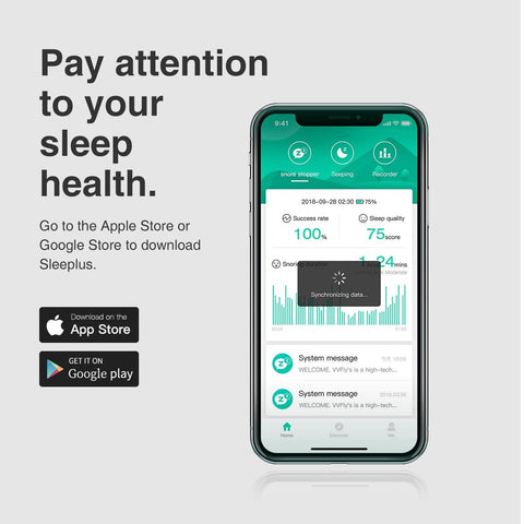 Mobile screen displaying Sleepplus app with sleep health data and download options from Apple Store and Google Play