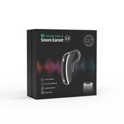 Snore Circle E4 smart anti-snoring earset packaging showing device and key features like vibration and sleep data