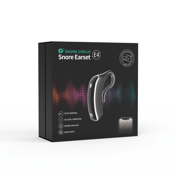 Snore Circle E4 smart anti-snoring earset packaging showing device and key features like vibration and sleep data