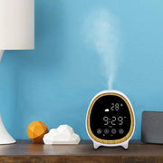 Smart aroma diffuser with digital clock and temperature display emitting mist on wooden surface