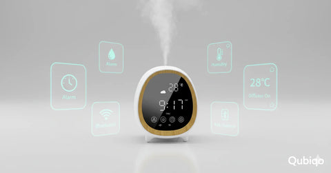 Smart aroma diffuser with digital clock, temperature display, and mist output, surrounded by feature icons