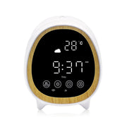 Smart aroma diffuser with digital clock, temperature display, and wood trim design