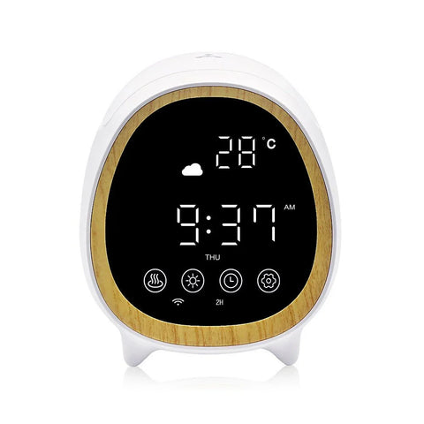 Smart aroma diffuser with digital clock, temperature display, and wood trim design