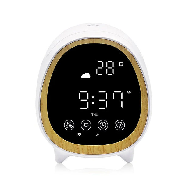 Smart aroma diffuser with digital clock, temperature display, and wood trim design