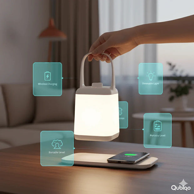 Hand holding a white portable smart bedside lamp with wireless charging on wooden table and phone