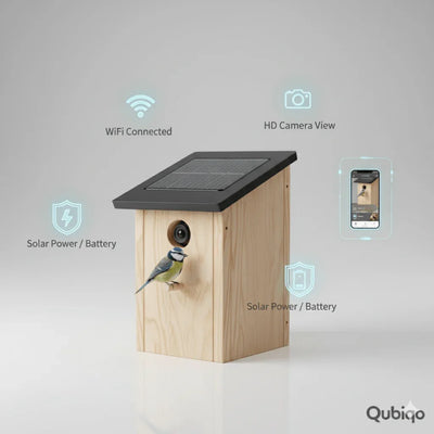 Wooden smart birdhouse with solar panel roof, built-in camera, and app connectivity showing a bird perched