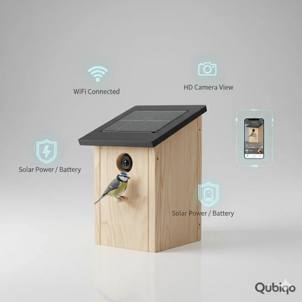 Wooden smart birdhouse with solar panel roof, built-in camera, and app connectivity showing a bird perched