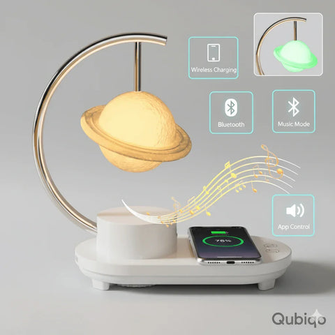 Modern white smart lamp with planet design, wireless charging pad, Bluetooth speaker, and app control