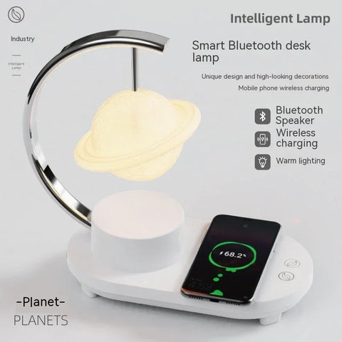 Smart Bluetooth desk lamp with planet-shaped light, wireless charging base, and Bluetooth speaker
