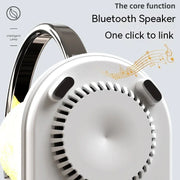 Close-up of a white portable Bluetooth speaker with handle and music notes, smart lamp feature