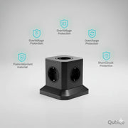 Black cube power socket with multiple outlets and protection features including overvoltage, overcharge, short circuit, and flame retardant material