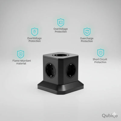 Black cube power socket with multiple outlets and protection features including overvoltage, overcharge, short circuit, and flame retardant material