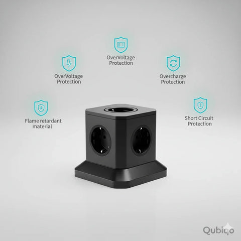 Black cube power socket with multiple outlets and protection features including overvoltage, overcharge, short circuit, and flame retardant material