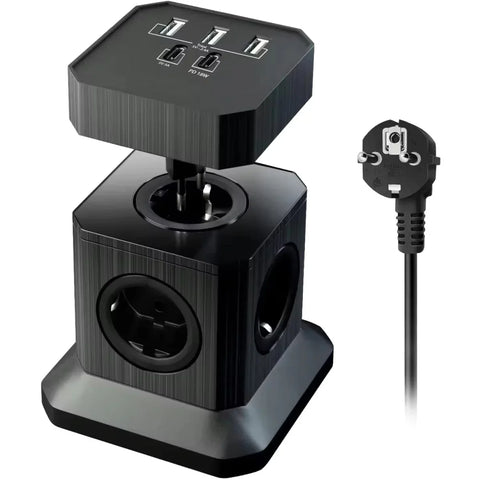 Black smart cube power strip with multiple outlets, USB ports, and attached EU plug adapter