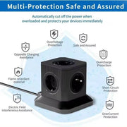 Black cube power socket with multiple outlets featuring multi-protection safety like overvoltage, overcharge, and short circuit protection