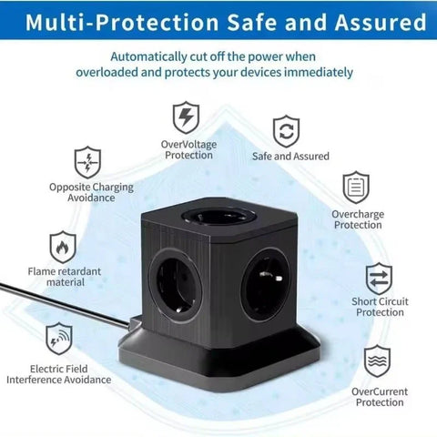 Black cube power socket with multiple outlets featuring multi-protection safety like overvoltage, overcharge, and short circuit protection