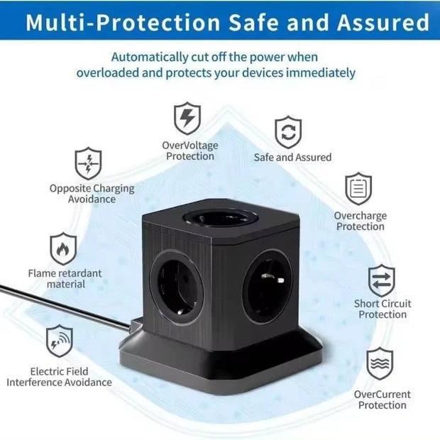 Black cube power socket with multiple outlets featuring multi-protection safety like overvoltage, overcharge, and short circuit protection