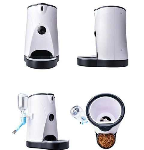 Smart pet feeder with camera, water dispenser, and food compartment shown from multiple angles