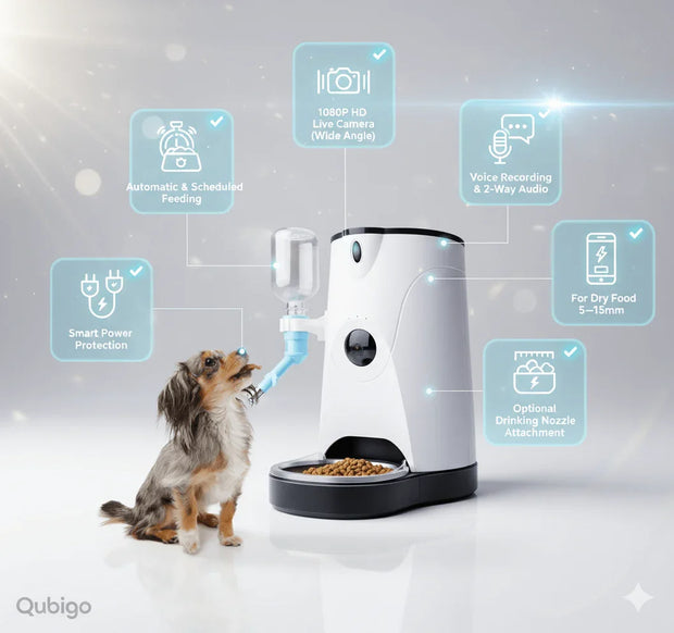 Smart pet feeder with camera feed, automatic feeding, voice recording, and optional drinking nozzle
