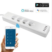 White smart power strip with four European sockets and four USB ports controlled by smartphone app, compatible with Amazon Alexa and Google Assistant