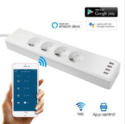 White smart power strip with four sockets and four USB ports controlled via smartphone app, compatible with Alexa and Google Assistant