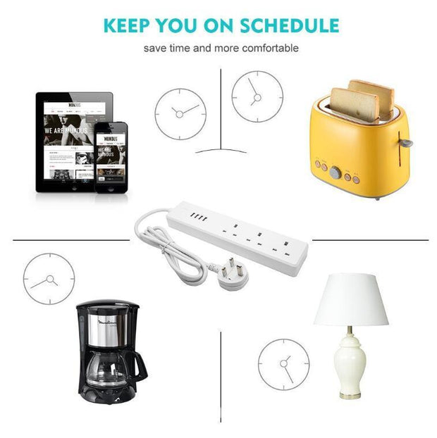 White power strip surrounded by toaster, coffee maker, lamp, tablet, and smartphone with clocks illustrating timely device use