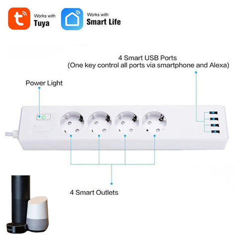 White smart power strip with 4 smart outlets, 4 USB ports, power light, compatible with Tuya and Smart Life apps