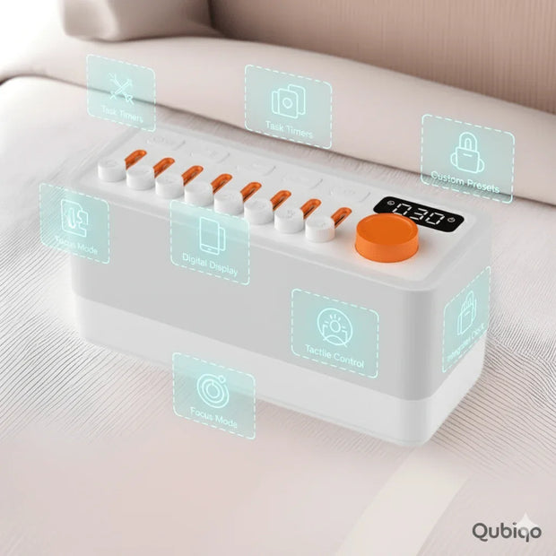 White and orange digital timer device on white fabric with floating icons highlighting features