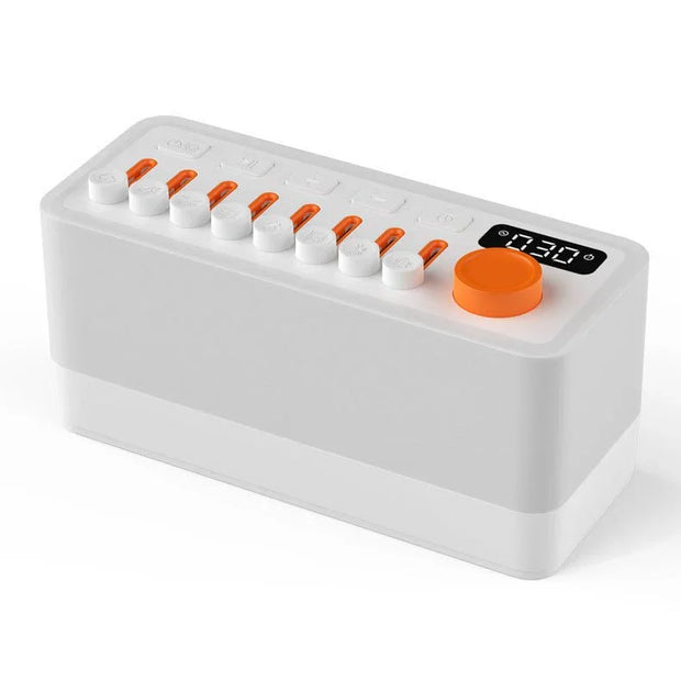 White smart sleeping speaker with orange buttons, digital timer display, and large orange dial