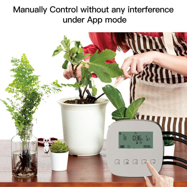 Indoor plants in pots with a smart sprinkler controller being manually adjusted on a wooden table