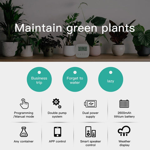 Smart plant watering system with app control, dual power, weather display, and lithium battery for green plants