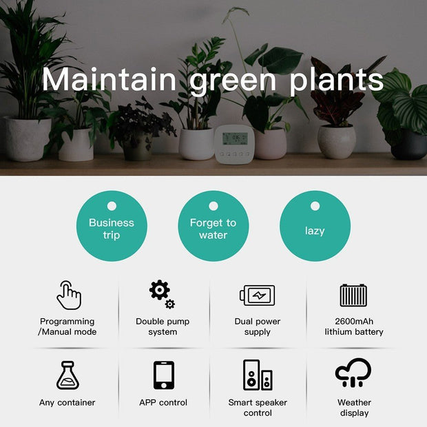 Smart plant watering system with app control, dual power, weather display, and lithium battery for green plants