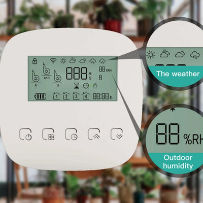 Smart sprinkler controller with weather icons and outdoor humidity display on screen