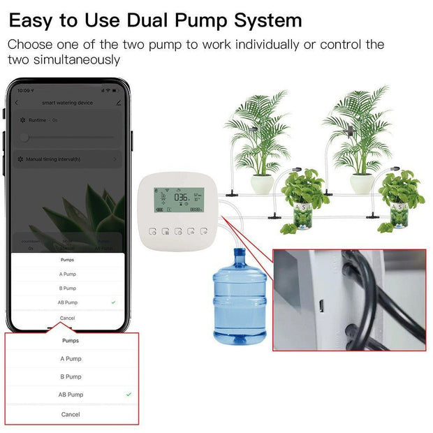 Smart dual pump watering system controlled via smartphone app for automated plant irrigation