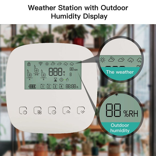 Smart weather station display showing outdoor humidity and weather icons in a modern indoor setting