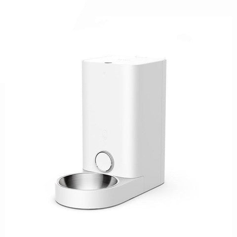 Modern white automatic pet feeder with stainless steel bowl for scheduled dog or cat feeding