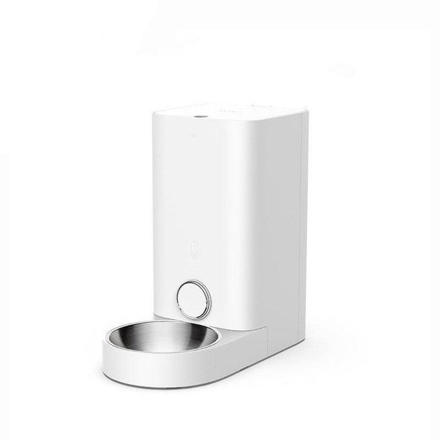 Modern white automatic pet feeder with stainless steel bowl for scheduled dog or cat feeding